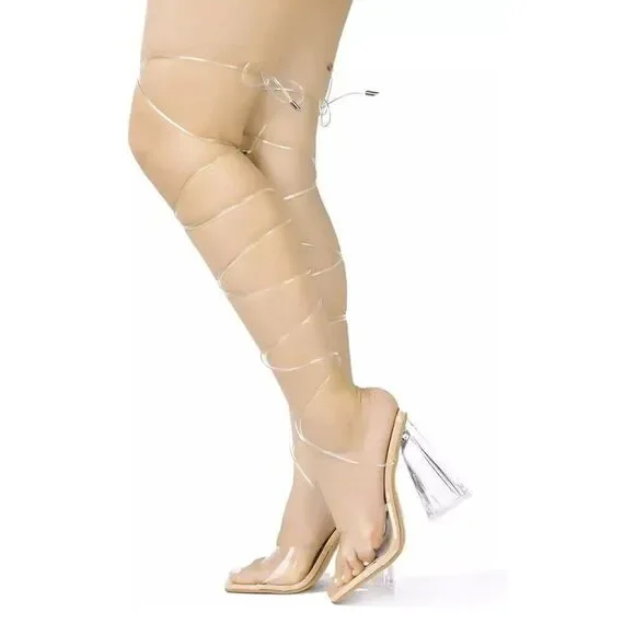 Ladies 7 Clear Chunky Block Platform Heels Transparent Lace Up Leg Open Toe NIB