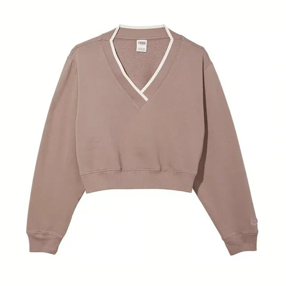 NWT Victoria's Secret PINK Premium Fleece V-Neck Pullover, Iced Coffee, Large