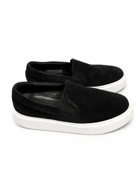 Prada Black Suede Platform Slip-On Sneakers EU 40 White Sole Designer Shoes