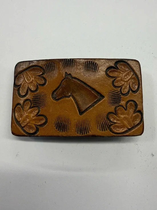 Vintage Western Tooled Leather Horse Belt Buckle Handmade Equestrian