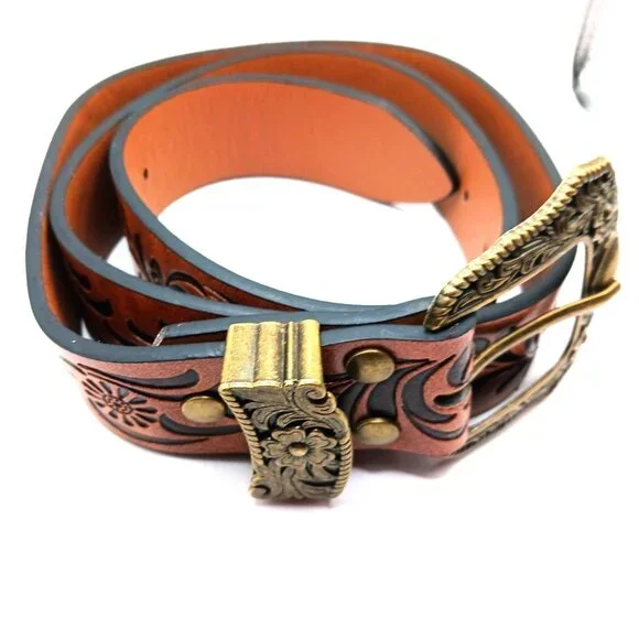 Western Womens Brown Leather Floral Belt Waist New