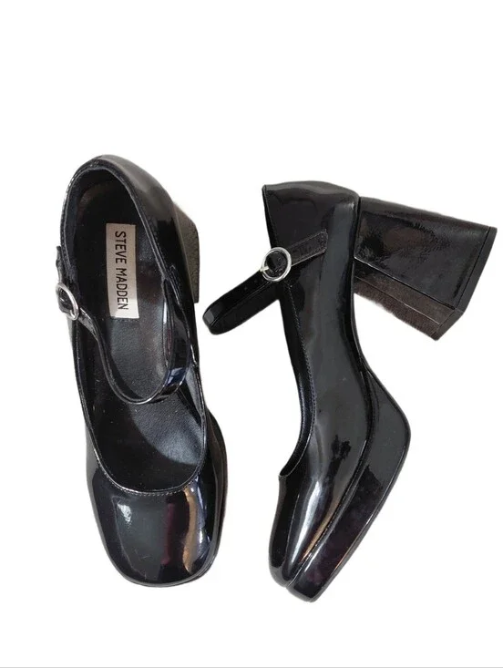 Steve Madden Kylee Black Platfirm Patent Mary Jane Block Heels Size 8.5 M