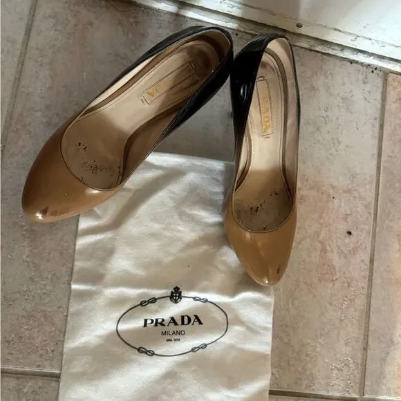 Prada dress shoes Ombre Platform High Heels sexy Pumps tan black colorblock