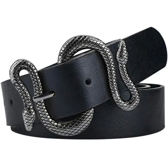 Silver Vintage Leather Snake buckle belt