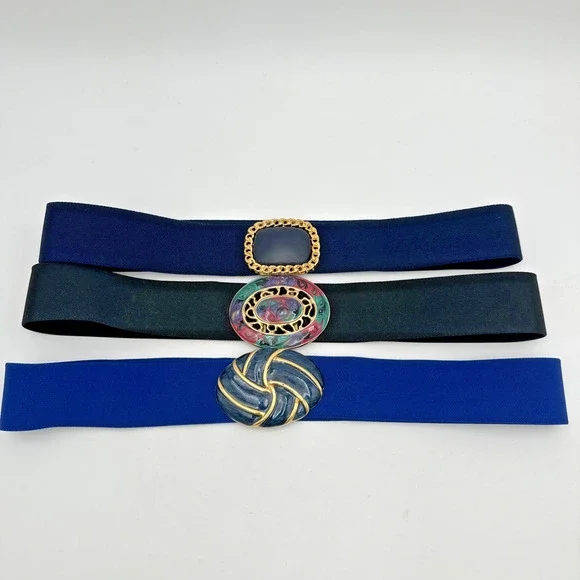 Set Of 3 Vintage 80s Lacquered Gold Tone Buckle Elastic Stretch Belts