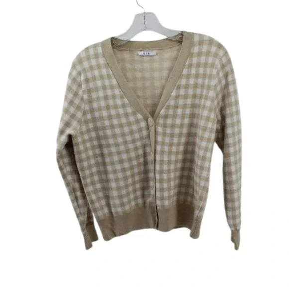 Sioni Womens Gingham Cardigan Beige‎ White V-Neck Button Sweater Preppy Knit