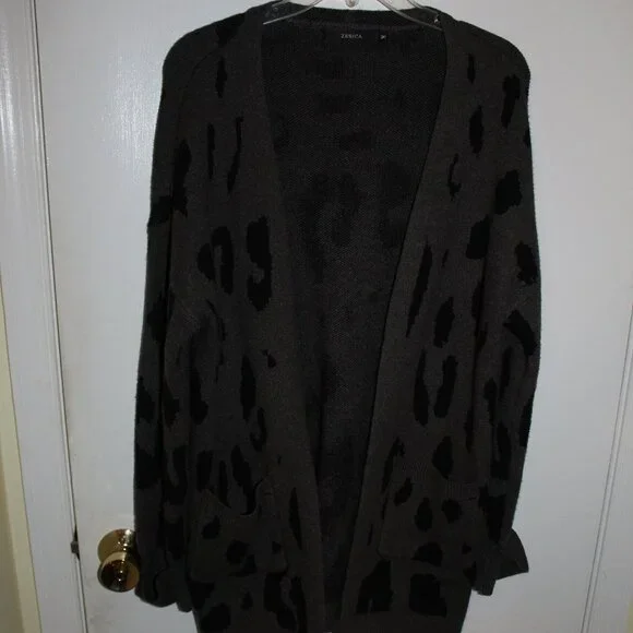 ZESICA Women's Open Front Leopard Print Knitted Sweater, Gray with Black spots