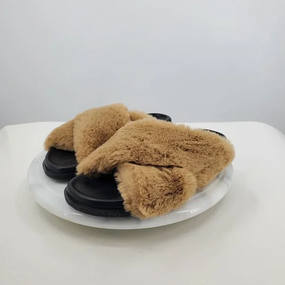 M Gemi Women Camel Tan Faux‎ Fur Crossover Fluffy Slides Made in Italy Size 36