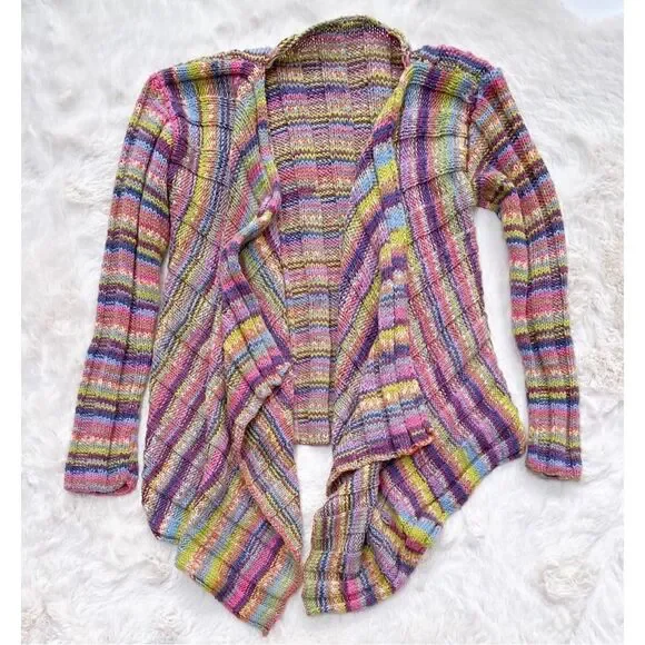 Vintage Y2K Hand Knit Cardigan Open Front Sweater Multi Color Rainbow size S
