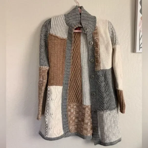 Sundance Multicolor Patchwork Knit Boho Mockneck Cardigan Extra Small
