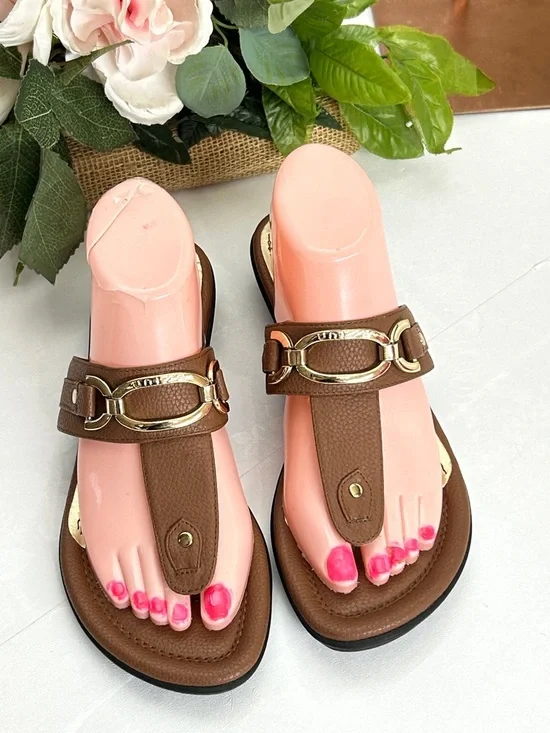 Brown Women’s Leatherette T-Strap Sandals with Gold Hardware