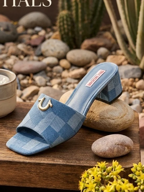 True Religion Blue Denim Single Strap Logo Block-Print Sandal Heels Size 6