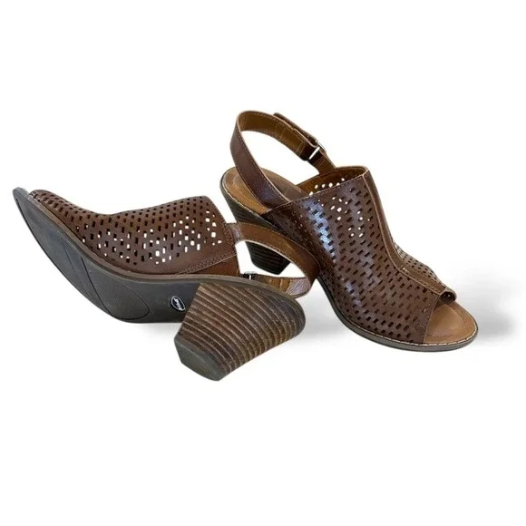Dr. Scholls Codie Brown Perforated Peep Toe Slingback Block Heel Sandals 8.5M‎