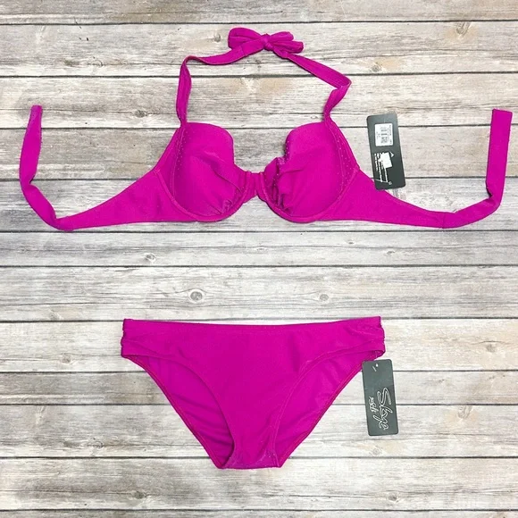 Skye Raspberry Purple Velveteen Polka Dot Push Up Halter Shirred Hipster Bikini