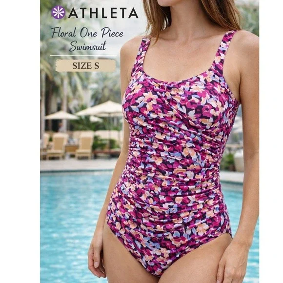 Athleta Floral One Piece Swimsuit Size S Pink Ruched Tummy Control Athletic Swim