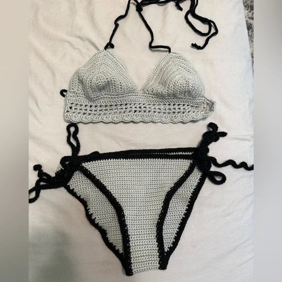 Handmade knit/crochet grey and black bikini rave festival two piece set
