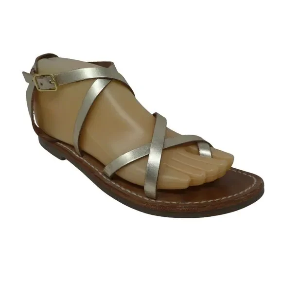 L'Atelier Tropazien Silver Leather Open Toe Loop Strappy Flats Sandals