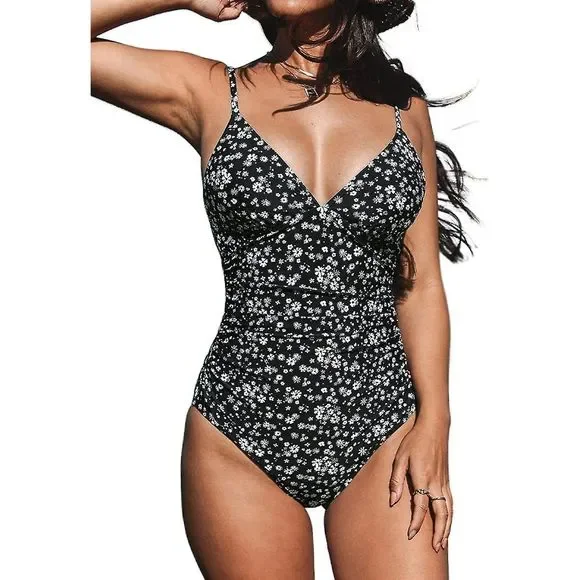 NWT Hello Summer Women Swimsuit Flowers One Piece V Neck Tummy Control Large