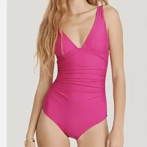 J. Crew Swimsuit Womens 2 Fuchsia Pink Ruched V-Neck One Piece‎ Swim Beach Vacay