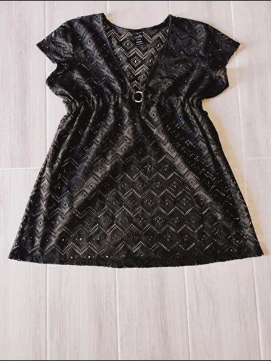 Catalina Black Lace Swim Cover Up Sheer V-Neck Sz L