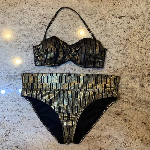 Victoria's Secret Bikini Top 34C Bottom Large Black Gold The Flirt Bandeau