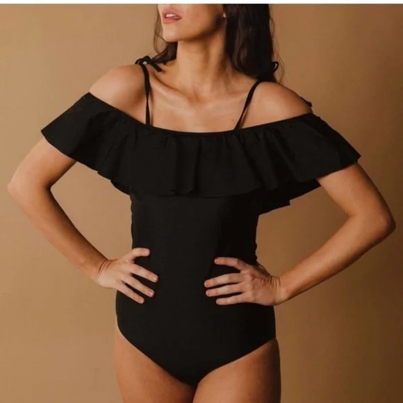 Albion “the wave” one piece black swimsuit ruffle sleeve off the shoulder