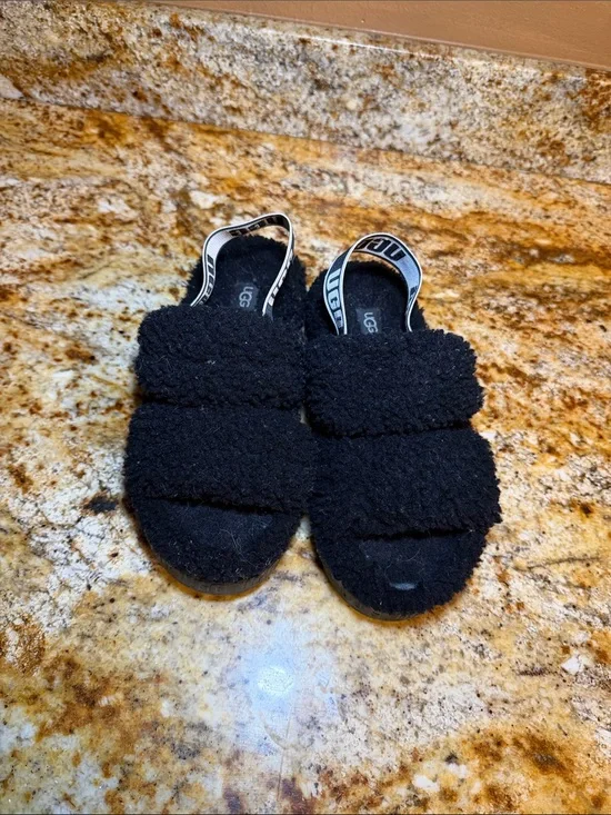 UGG Black Fuzzy Slide Sandals with Logo Slingback