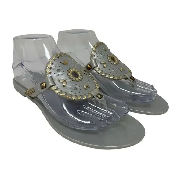 Jack Rogers Georgica Silver Gold Medallion Whip Stitch Leather Jelly Sandals 8