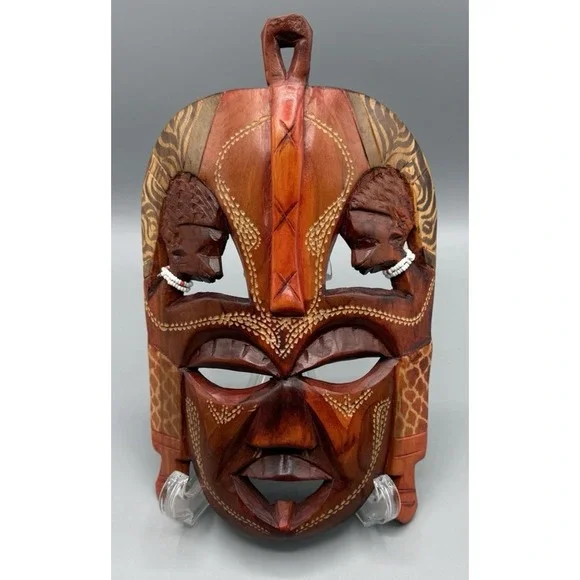 Vintage Hand Carved Wooden African Maasai Beaded Mask Kenya Wall Decor