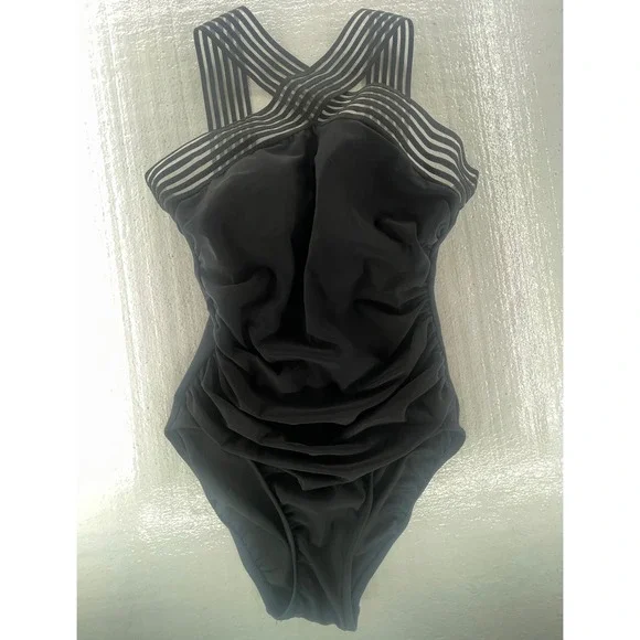 Aqua Green One Piece Swimsuit‎ Tummy Control Ruched Black Lined Size Small