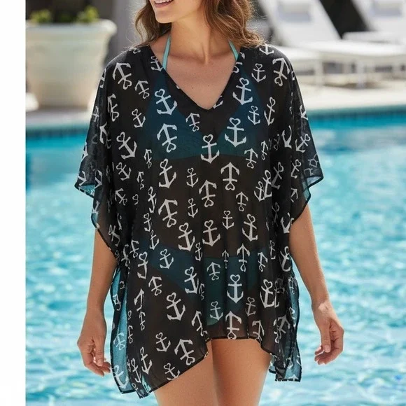 NWT‎ Zuécar Navy Anchor Heart Print Sheer Kimono Cover Up Kaftan Top F/S