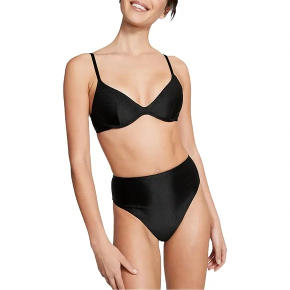 Victoria's‎ Secret Pink Black Swim Super Push-Up Underwire Cheeky Bikini Set- M