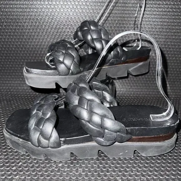 BERNARDO Ciara Luxury Black eather Woven Braided Slides Sandals Women’s Size 8.5