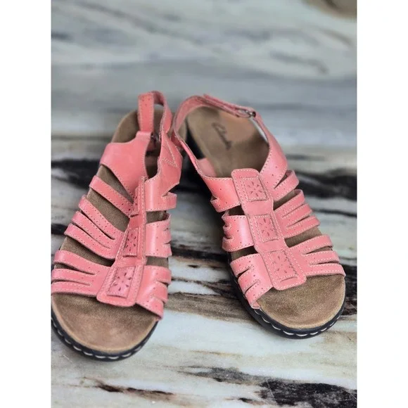 Clarks Womens Coral Pink Leather Strappy Wedge Sandals 9 Hook Loop