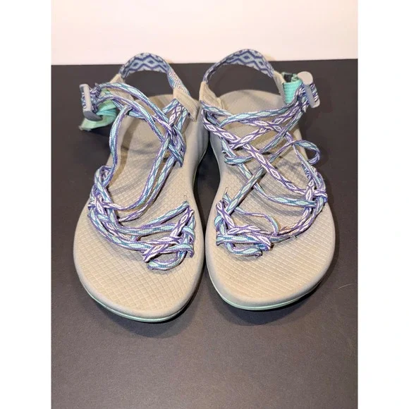 Chaco ZX/3 Sz 8 Strappy Sandals Grey‎ Purple Blue Toe Loop Water Walking Shoes