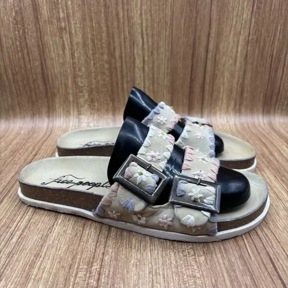 Free‎ People Wildflowers 40 / 10 Embroidered Sandals Floral Beige Tan Buckle