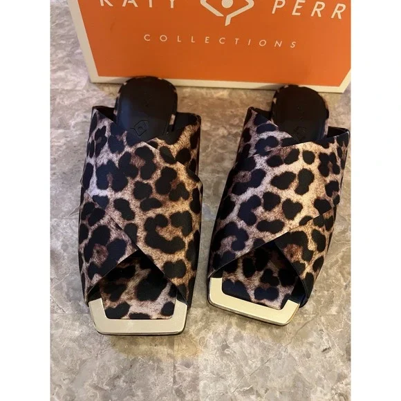 Checked In Slide Sandal Shoe Sz 8 Leopard Print Satin Gold NEW Women Katy Perry