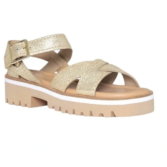 DONALD J PLINER Leather Platino Strap Sandals Size 8 Gold Sparkle Lug Sole EUC