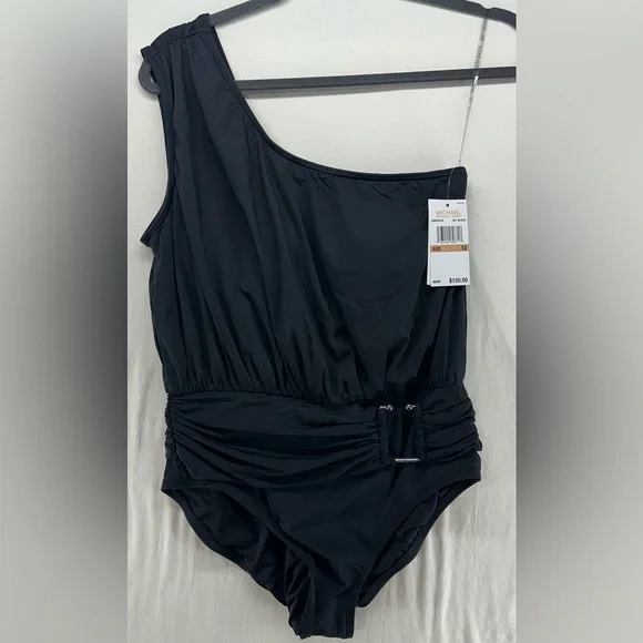 Michael Kors Women's One-Shoulder Blouson One-Piece Swimsuit Black Size 12