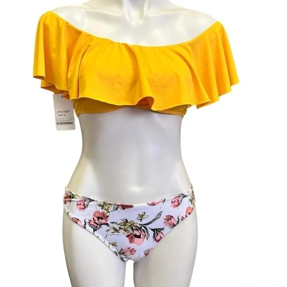 YELLOW Off The Shoulder Ruffle Bikini Floral Bottoms Medium NWT Cupshe Envya
