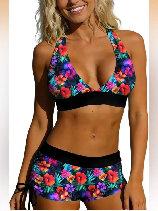 Floral Halter Swim Top and Shorts Set