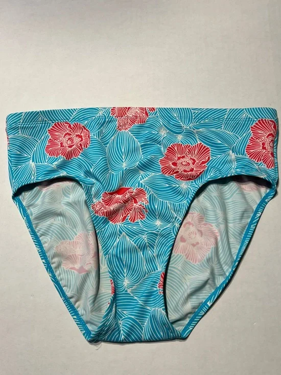 L.L. Bean Turquoise Bikini Bottoms with Red Floral Print Size 12