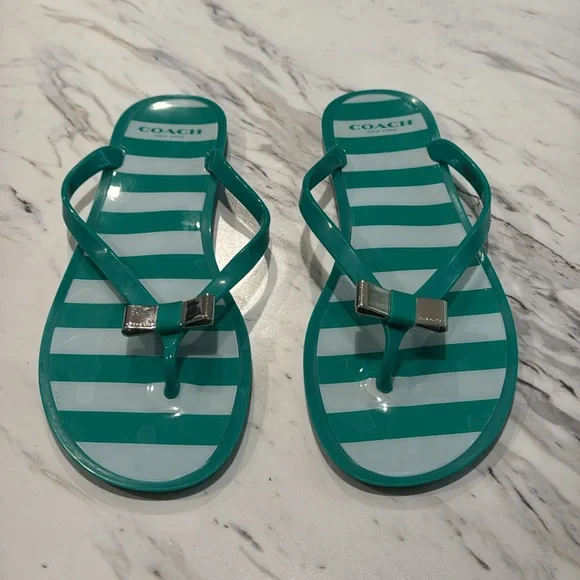 Coach Women’s Striped London Flip Flop With Bow Size 8B‎
