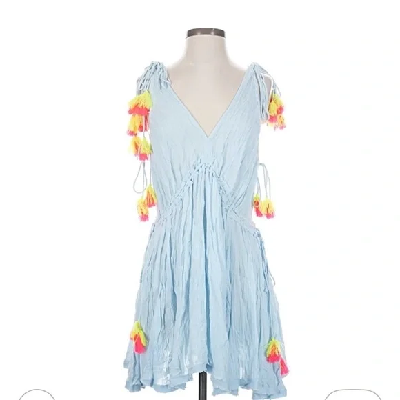 NEW Anthropologie Sundress Mini Light‎ Blue Swim Cover with Neon Tassels Size XS