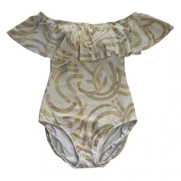Tara Grinna Ruffle Gold & White Metallic Off The Shoulder One Piece Ribbed 4 S‎