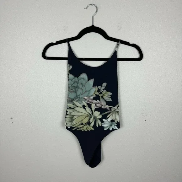 Stillwater The Brand One Piece Swimsuit Size XS Black Green Succulent Floral Tie