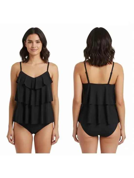 Aqua Green Tiered Ruffle Swim Tankini Top Black Adjustable Straps