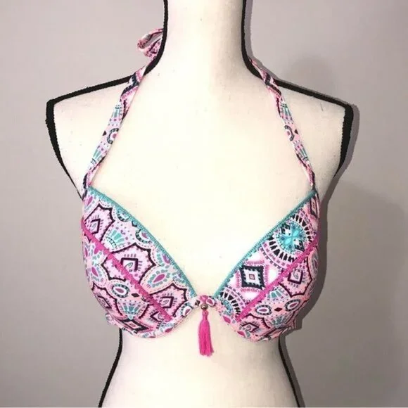 Shade & Shore Swim Bikini Top Size 36D Pink Print Tassel