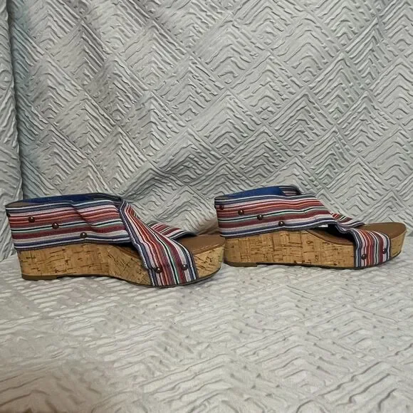 Crown Vintage Multicolor Sandals Womens 8M Crisscross Wedge Cork Fabric Summer