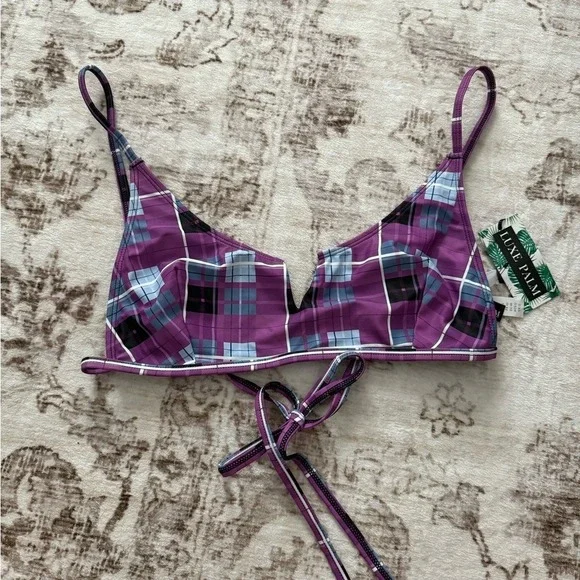 NEW‎ Luxe Palm Purple Plaid Bikini Top Size 8